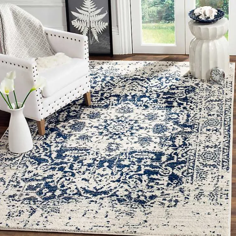 Area Rugs-Kirklands Home Navy and Cream Madison Distressed Area Rug, 8x10