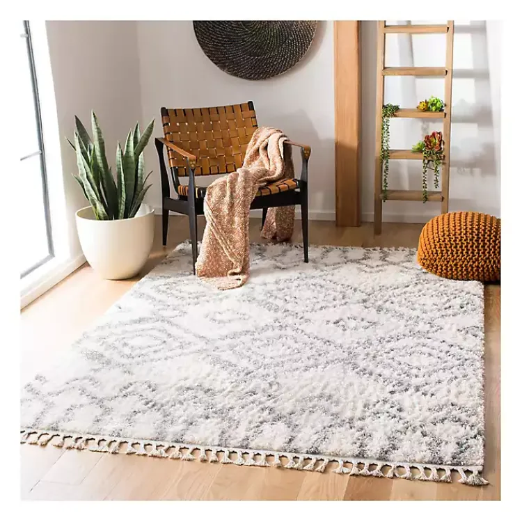 Area Rugs-Kirklands Home Cream and Gray Bergen Tribal Fringe Shag Rug, 5x7