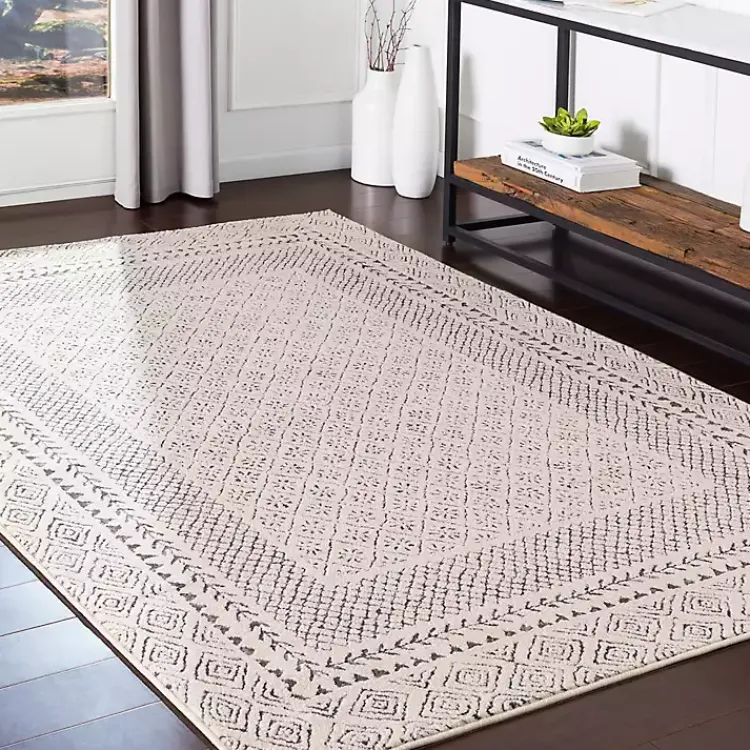 Area Rugs-Kirklands Home Gray and Cream Border Harrah Area Rug, 5x7