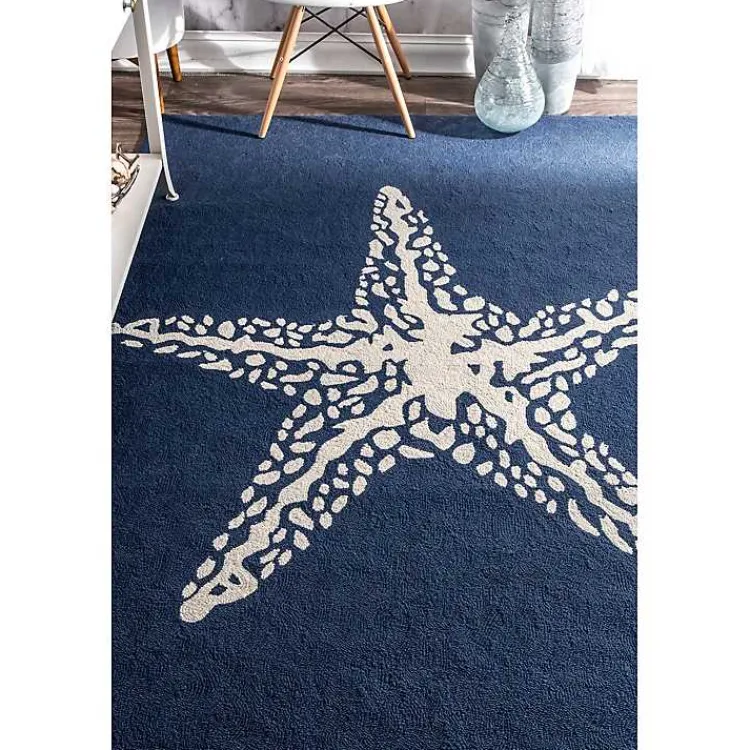 Outdoor Rugs-Kirklands Home Navy Starfish Hooked Indoor/Outdoor Area Rug, 7x9