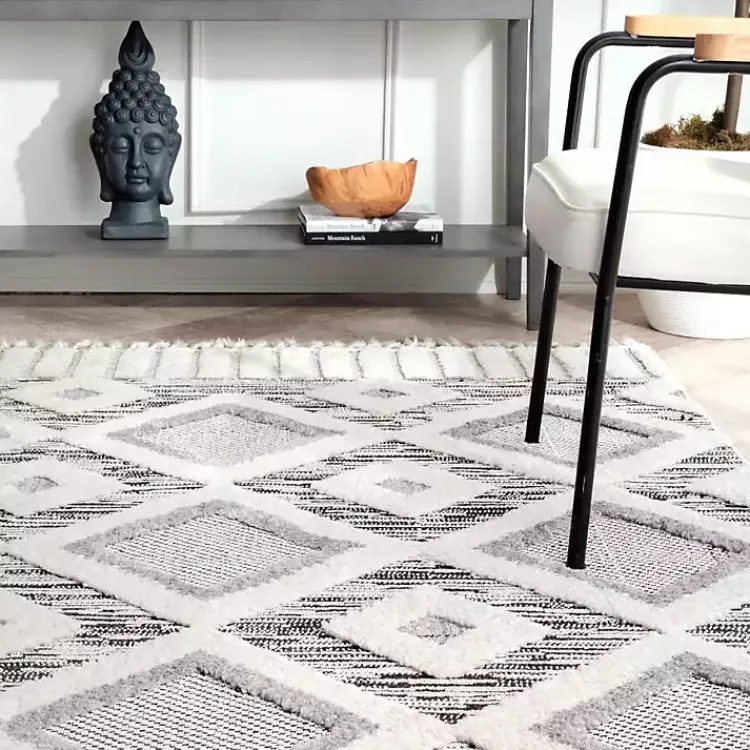 Area Rugs-Kirklands Home Gray Checkered Tiles Area Rug with Tassels, 5x7