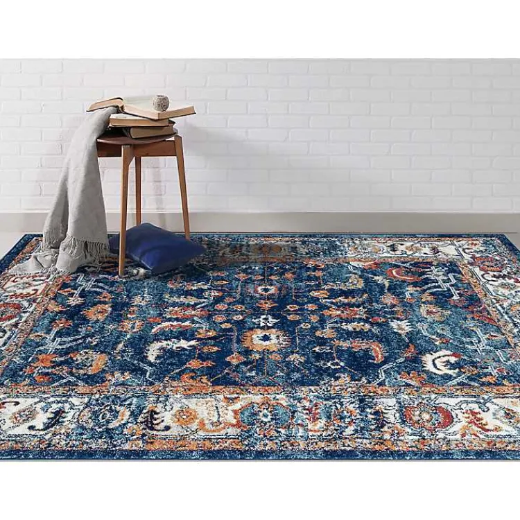 Area Rugs-Kirklands Home Navy and Orange Bordered Area Rug, 4x6 Blue