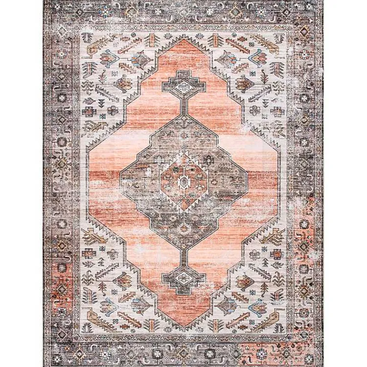 Area Rugs-Kirklands Home Orange Distressed Medallion Washable Area Rug, 3x5