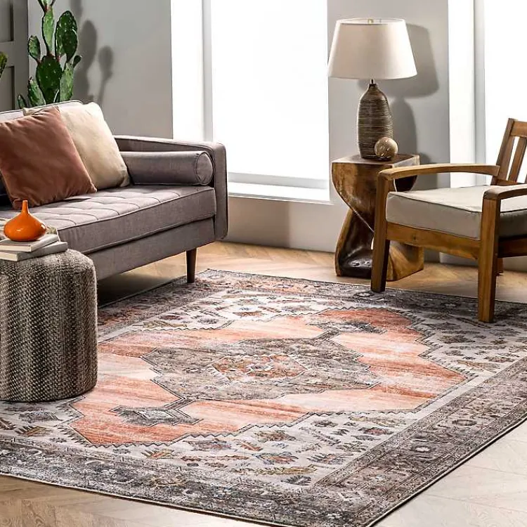 Area Rugs-Kirklands Home Orange Distressed Medallion Washable Area Rug, 3x5