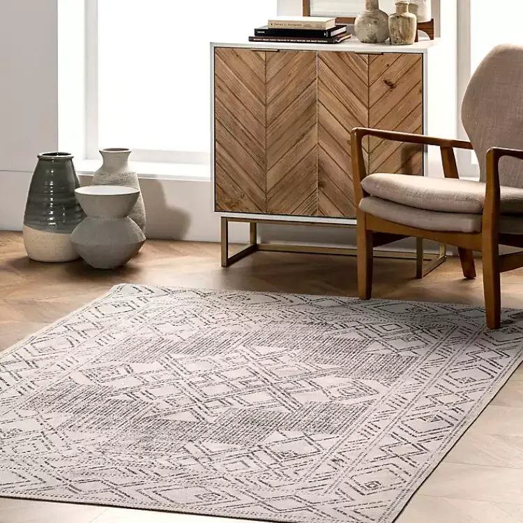 Area Rugs-Kirklands Home Gray Geometric Medallion Washable Area Rug, 4x6