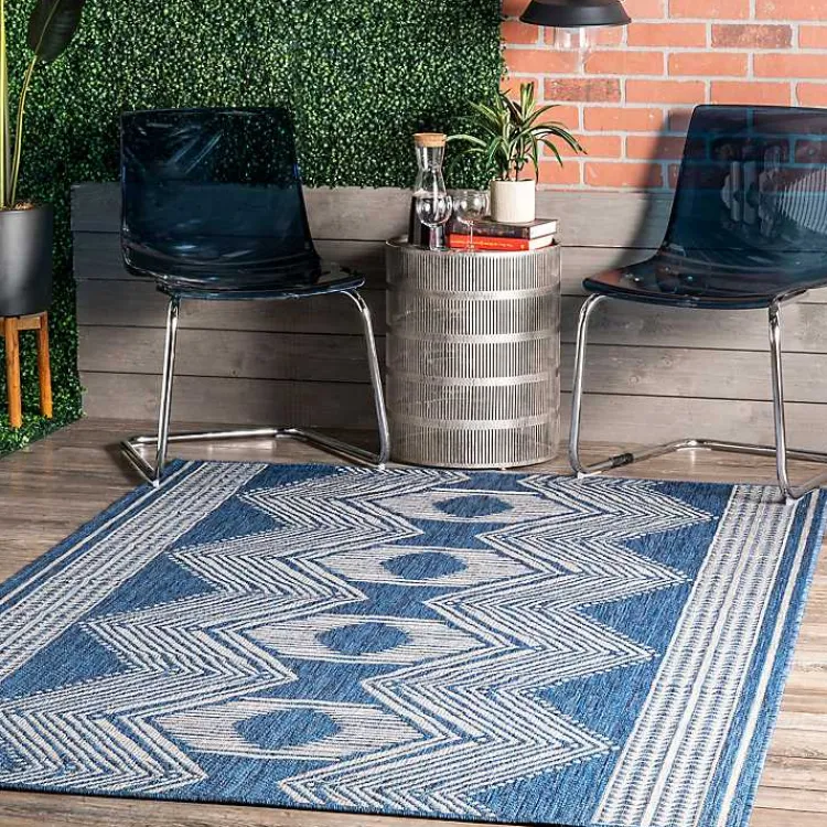 Outdoor Rugs-Kirklands Home Raina Blue Tribal Zig Zag Outdoor Rug, 8x10