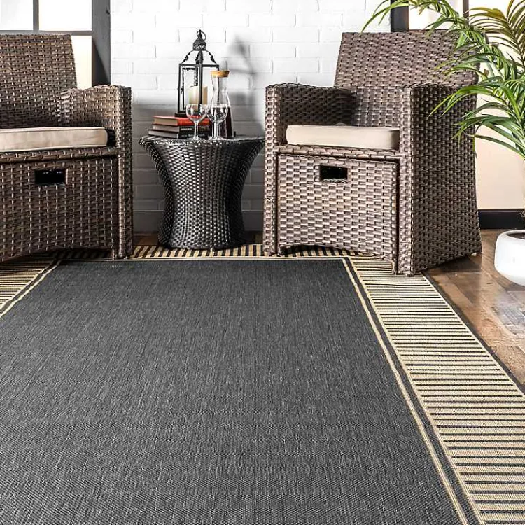 Outdoor Rugs-Kirklands Home Asia Gray Stripe Border Outdoor Rug, 8x10
