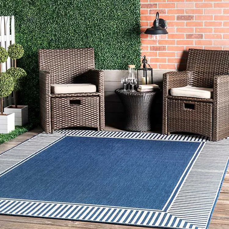 Outdoor Rugs-Kirklands Home Asia Blue Stripe Border Outdoor Rug, 5x8