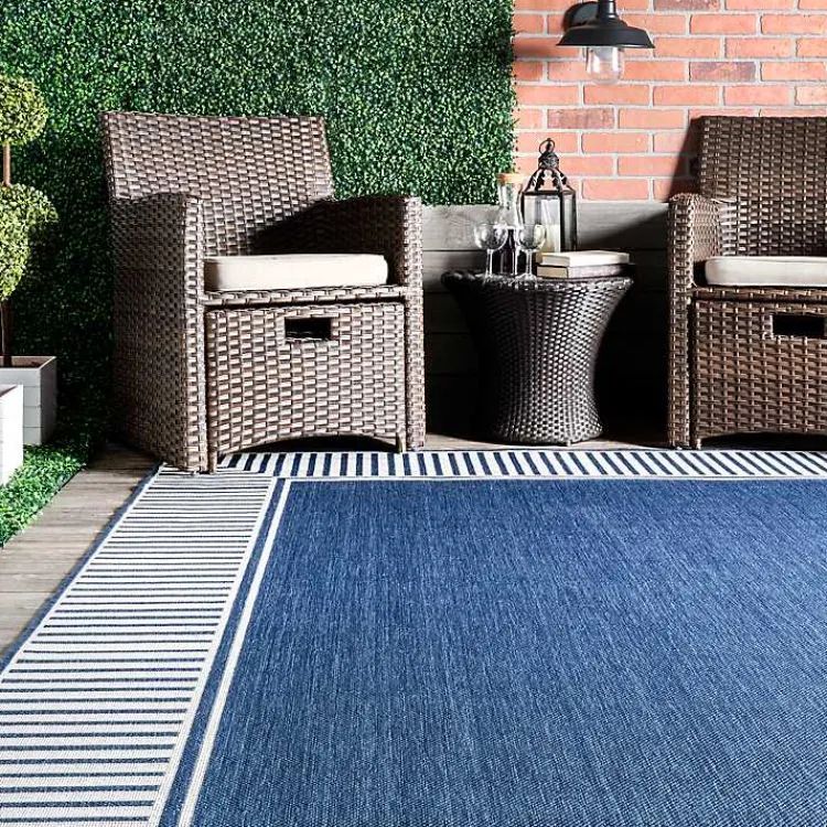 Outdoor Rugs-Kirklands Home Asia Blue Stripe Border Outdoor Rug, 5x8