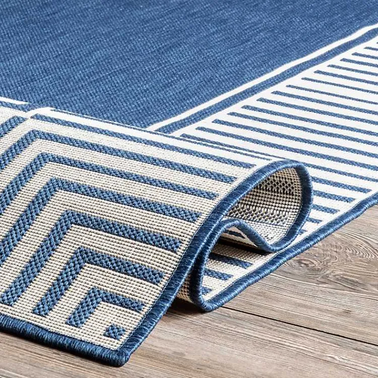 Outdoor Rugs-Kirklands Home Asia Blue Stripe Border Outdoor Rug, 5x8