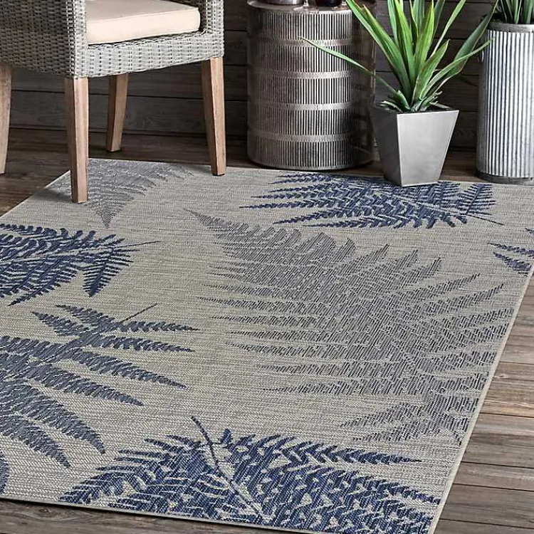 Outdoor Rugs-Kirklands Home Gray and Navy Falling Ferns Outdoor Area Rug, 5x7