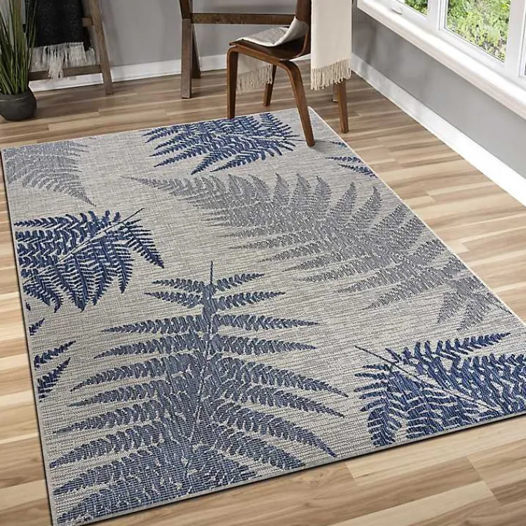 Outdoor Rugs-Kirklands Home Gray and Navy Falling Ferns Outdoor Area Rug, 5x7