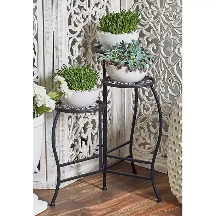Planters-Kirklands Home Metal Floral 3-Tier Plant Stand Black