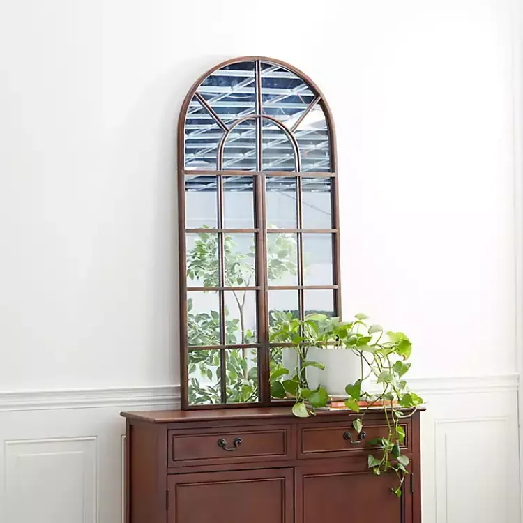 Decorative Mirrors-Kirklands Home Metal Arch Frame Windowpane Wall Mirror Brown