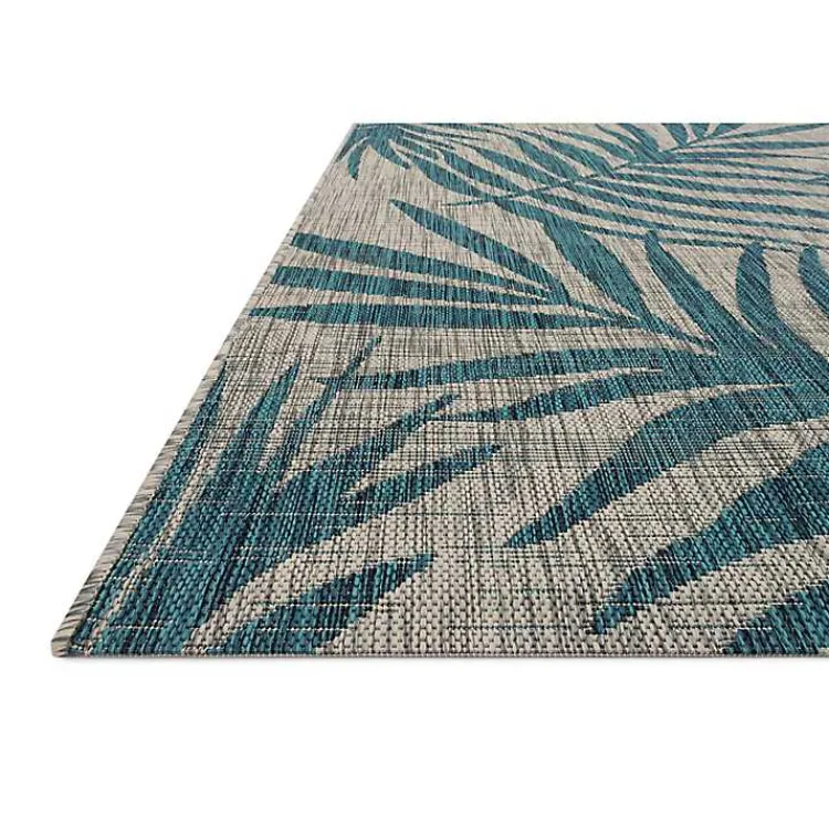 Outdoor Rugs-Kirklands Home Gray and Aqua Palm Leaves Outdoor Area Rug, 7x10