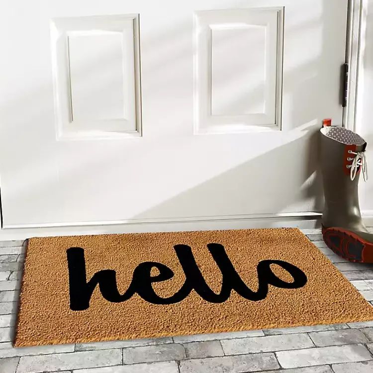 Doormats-Kirklands Home Natural and Black Coir Hello Doormat, 29x17 in.