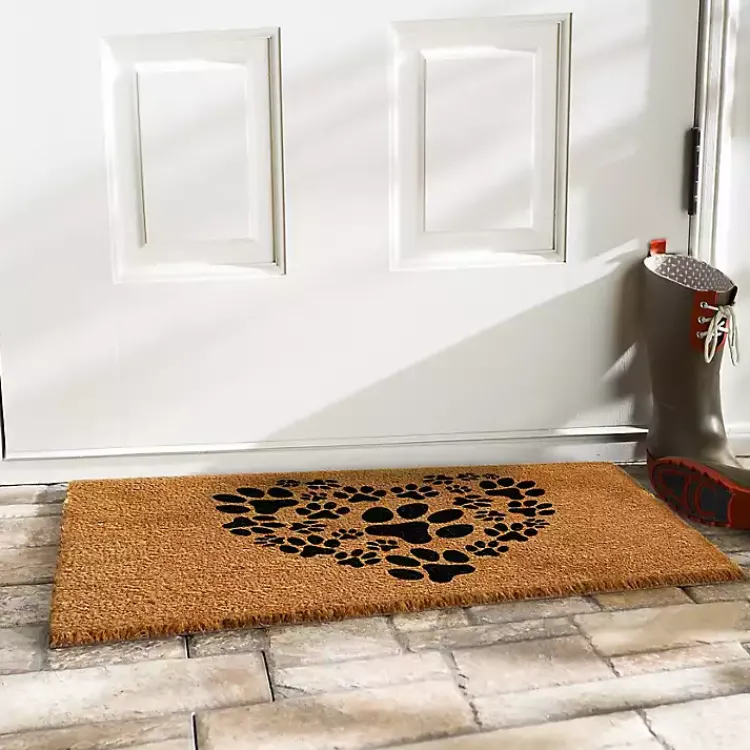Doormats-Kirklands Home Tan and Black Coir Heart Paws Doormat, 17x29