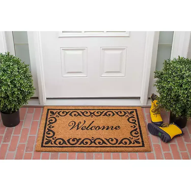 Doormats-Kirklands Home Tan and Black Scroll Welcome Doormat, 36x24 in.