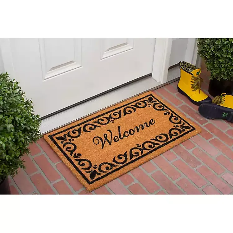 Doormats-Kirklands Home Tan and Black Scroll Welcome Doormat, 72x36 in.