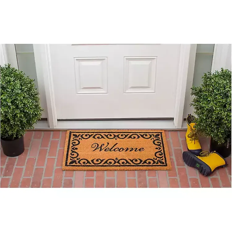 Doormats-Kirklands Home Tan and Black Scroll Welcome Doormat, 72x36 in.