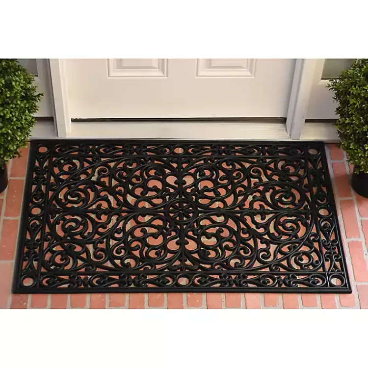 Doormats-Kirklands Home Ornate Art Deco Rubber Doormat, 36x24 in. Black