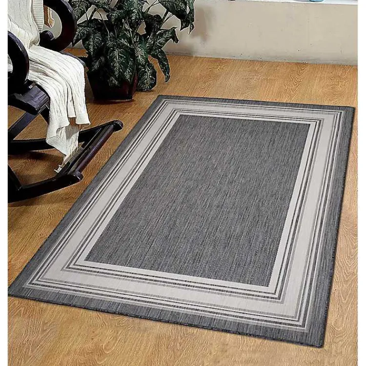 Outdoor Rugs-Kirklands Home Gray Striped Border Outdoor Area Rug, 7x9