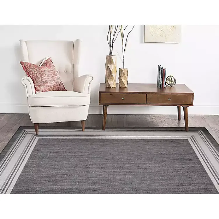 Outdoor Rugs-Kirklands Home Gray Striped Border Outdoor Area Rug, 7x9