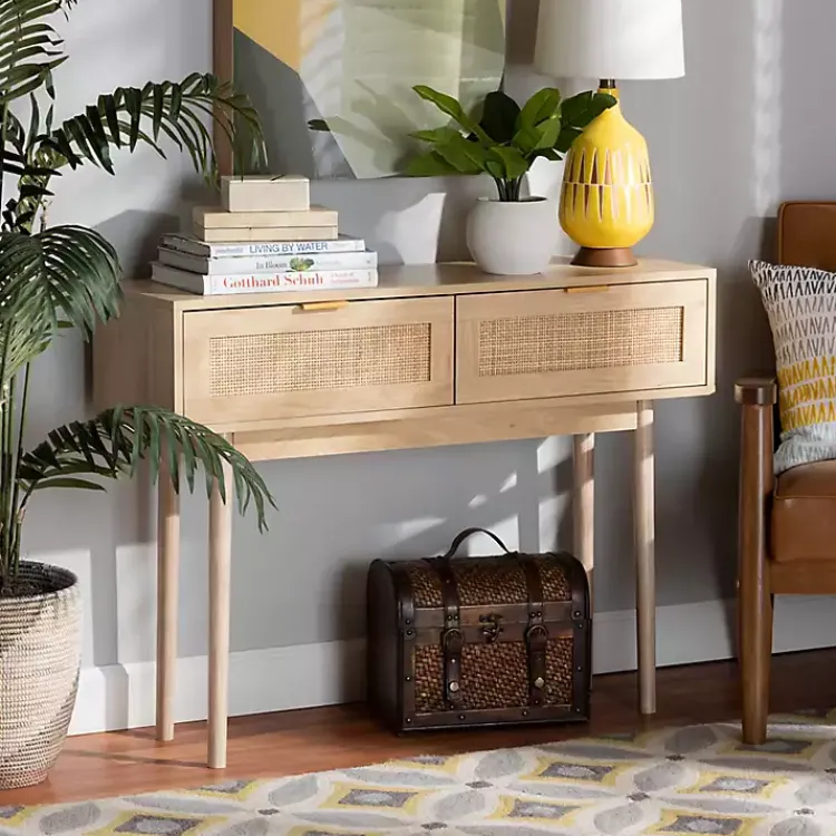 Console Tables-Kirklands Home Light Oak Rat and Wood Console Table Tan