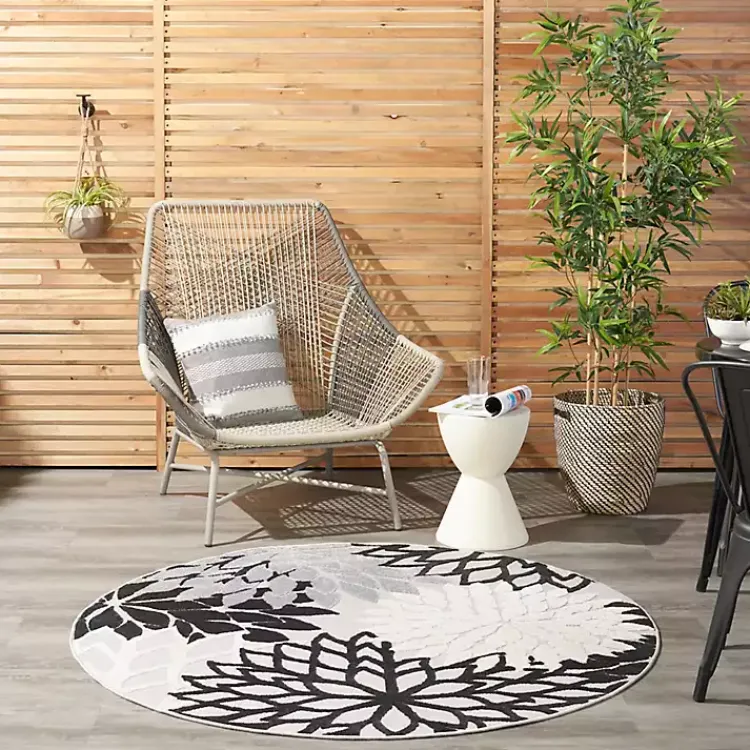 Outdoor Rugs-Kirklands Home Black and White Floral Round Outdoor Area Rug, 5x5