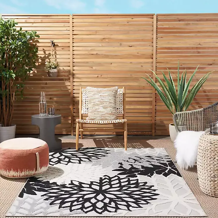 Outdoor Rugs-Kirklands Home Black and White Floral Outdoor Area Rug, 5x7