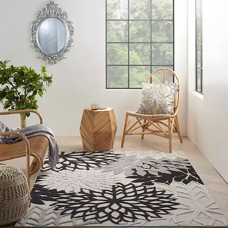 Outdoor Rugs-Kirklands Home Black and White Floral Outdoor Area Rug, 5x7