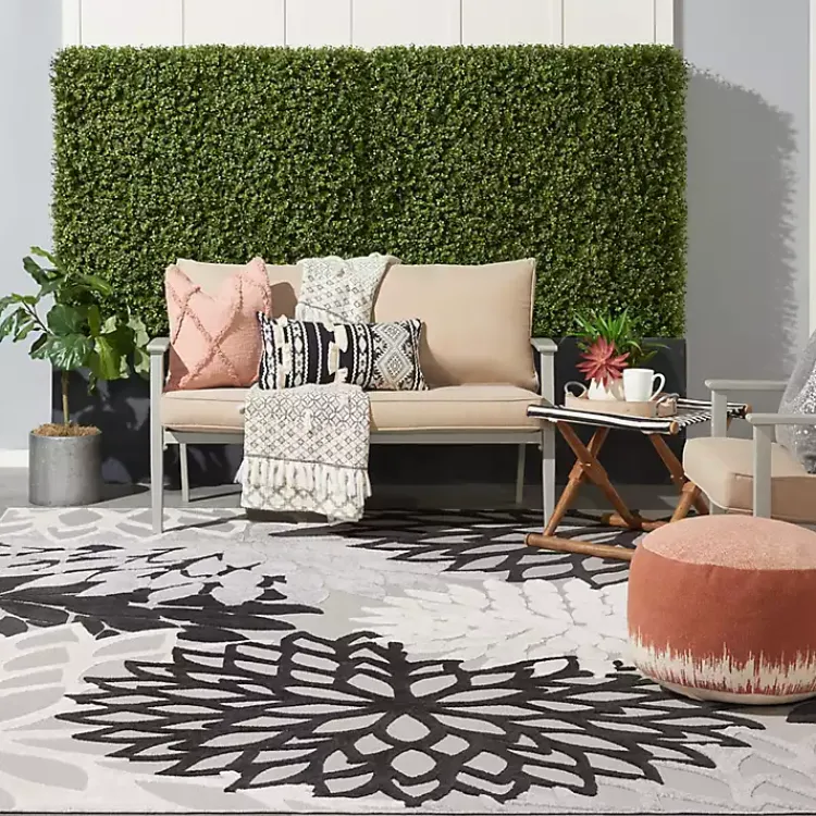 Outdoor Rugs-Kirklands Home Black and White Floral Outdoor Area Rug, 7x10