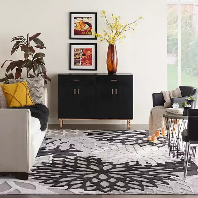 Outdoor Rugs-Kirklands Home Black and White Floral Outdoor Area Rug, 7x10