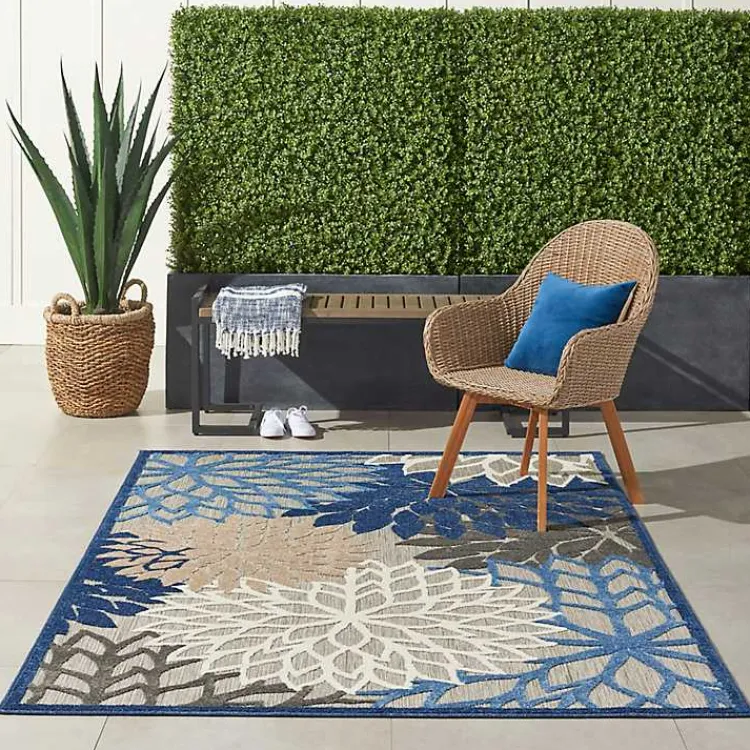 Outdoor Rugs-Kirklands Home Blue Floral Outdoor Area Rug, 5x7