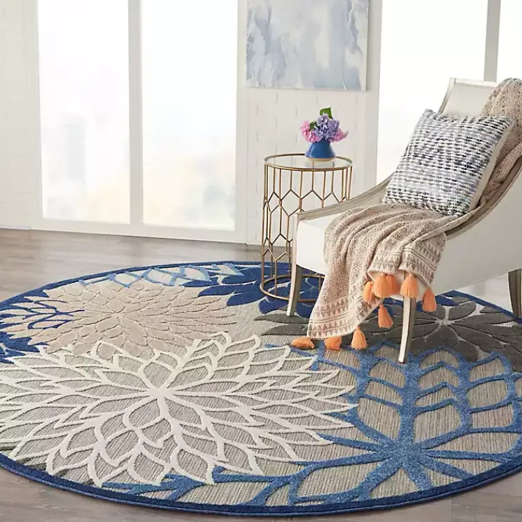 Outdoor Rugs-Kirklands Home Blue Floral Burst Round Outdoor Area Rug, 7x7