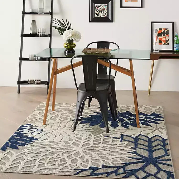 Outdoor Rugs-Kirklands Home Navy Floral Burst Outdoor Area Rug, 5x7