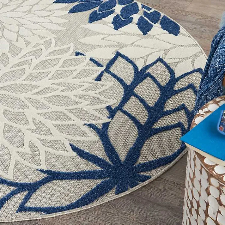 Outdoor Rugs-Kirklands Home Denim Floral Burst Round Outdoor Area Rug