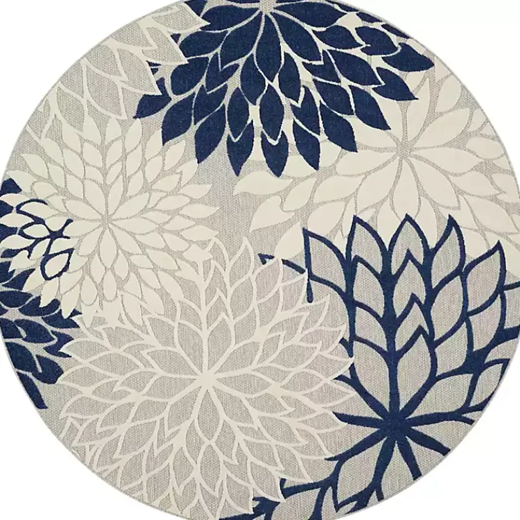 Outdoor Rugs-Kirklands Home Navy Floral Burst Round Outdoor Area Rug, 7x7