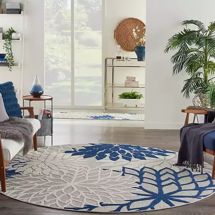 Outdoor Rugs-Kirklands Home Navy Floral Burst Round Outdoor Area Rug, 7x7