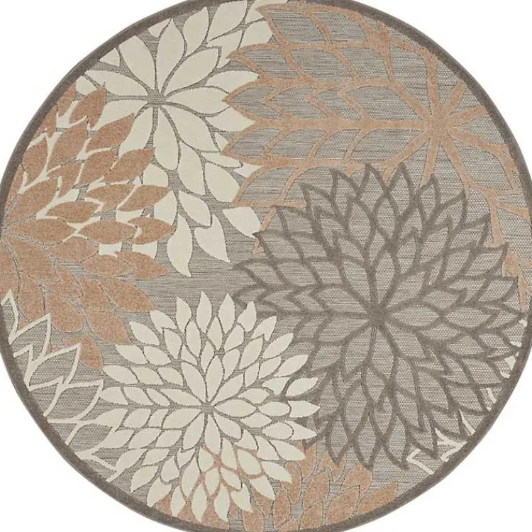 Outdoor Rugs-Kirklands Home Neutral Floral Burst Outdoor Round Area Rug, 5 ft.