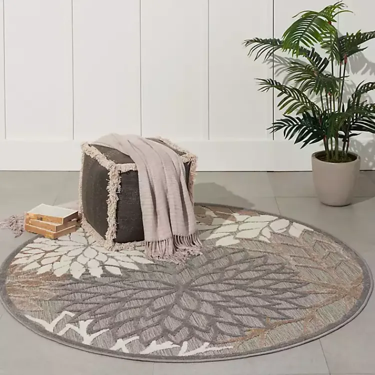 Outdoor Rugs-Kirklands Home Neutral Floral Burst Outdoor Round Area Rug, 5 ft.