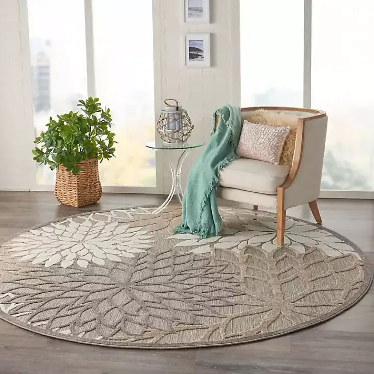Outdoor Rugs-Kirklands Home Neutral Floral Burst Outdoor Round Area Rug, 7 ft.
