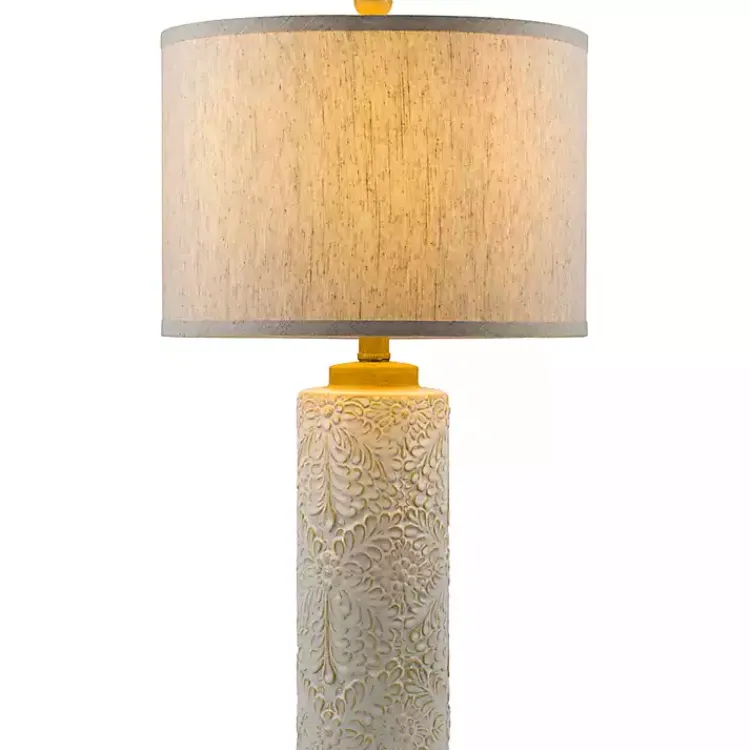Table Lamps-Kirklands Home Ivory Embossed Floral Cylinder Table Lamp Tan