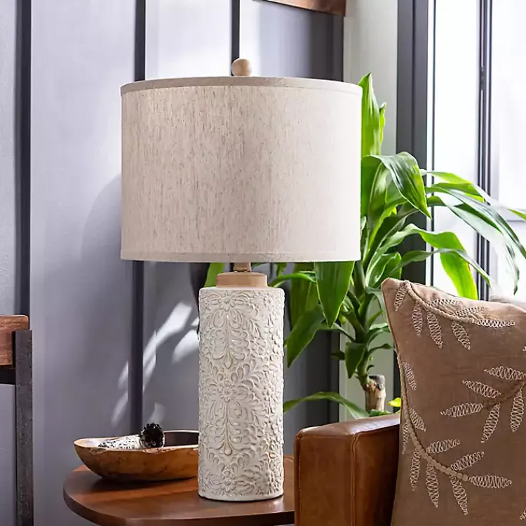 Table Lamps-Kirklands Home Ivory Embossed Floral Cylinder Table Lamp Tan