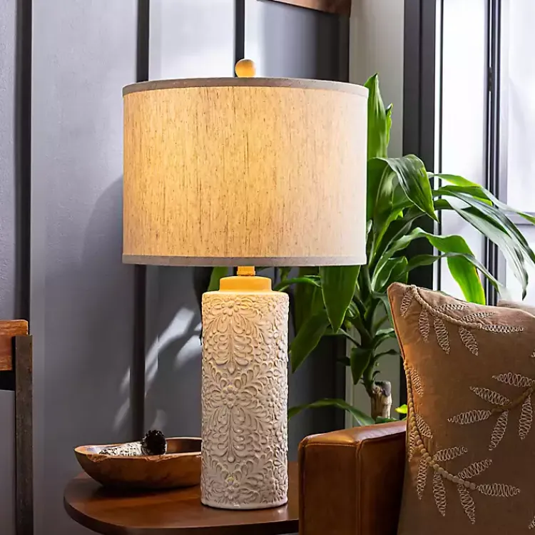 Table Lamps-Kirklands Home Ivory Embossed Floral Cylinder Table Lamp Tan