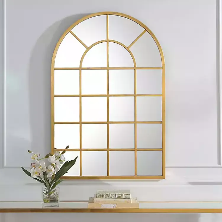 Decorative Mirrors-Kirklands Home Gold Leaf Metal Windowpane Arch Frame Mirror