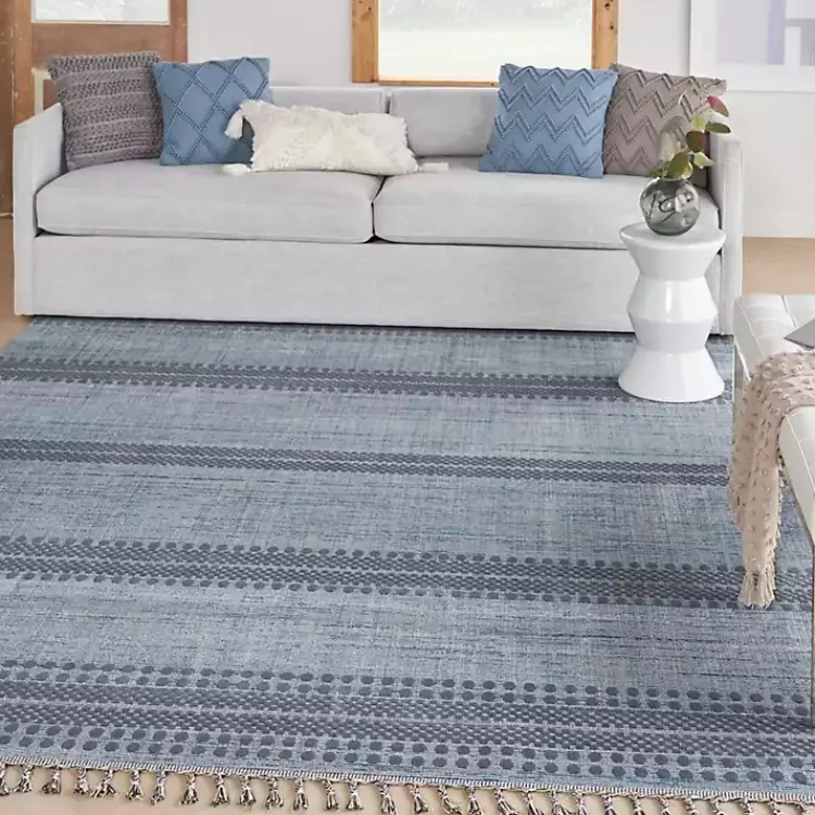 Area Rugs-Kirklands Home Charcoal and Blue Stripes Fringe Area Rug, 7x10