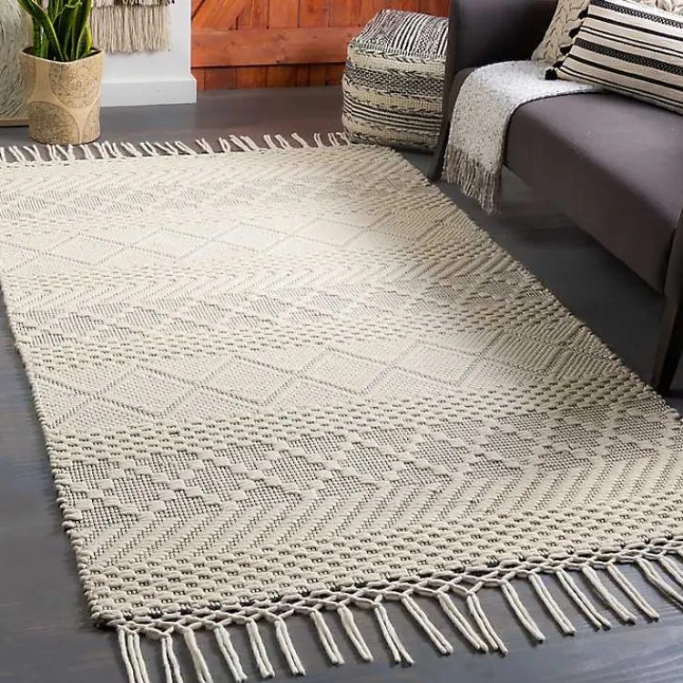 Area Rugs-Kirklands Home Cream Diamond Tassel Wool Area Rug, 8x10 Ivory