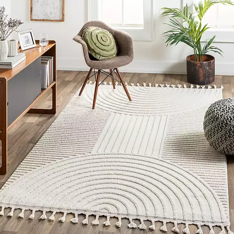 Area Rugs-Kirklands Home Geometric Lines Tassel Area Rug, 5x7 Ivory