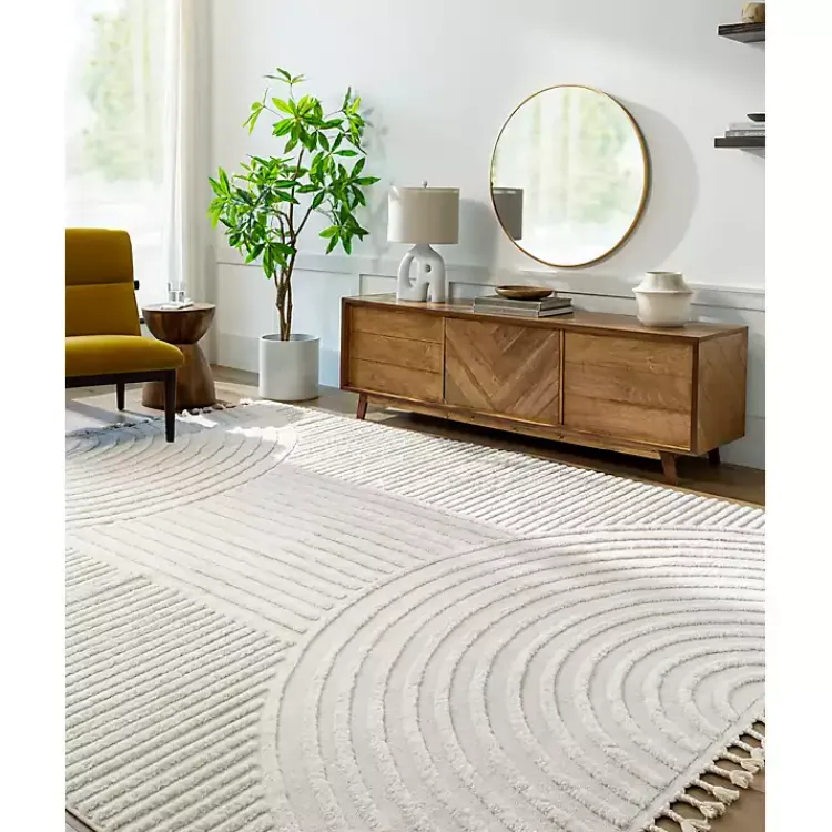 Area Rugs-Kirklands Home Geometric Lines Tassel Area Rug, 6x9 Ivory